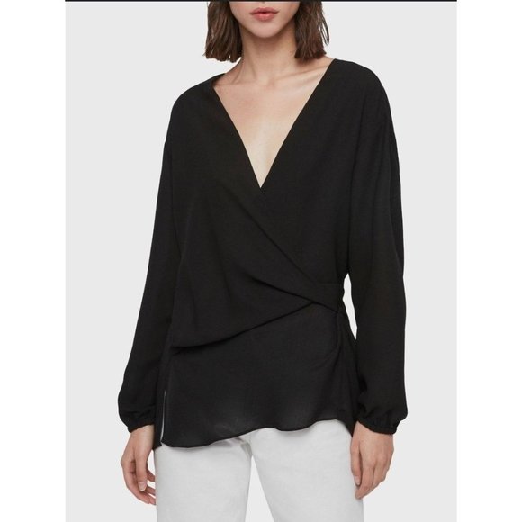 All Saints Mia Black long sleeve semi sheer wrap blouse size Large - Picture 1 of 11